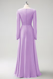 A Line Grey Blue V-Nack Vestido de Dama de Honor de Gasa con Mangas Largas