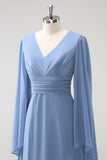 Vestido de dama de honor de gasa de gasa de manga larga gris azul A Line con abertura