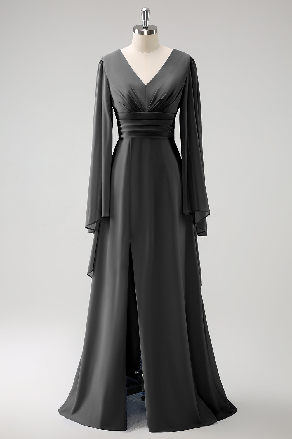 Vestido de dama de honor de gasa de gasa de manga larga gris azul A Line con abertura