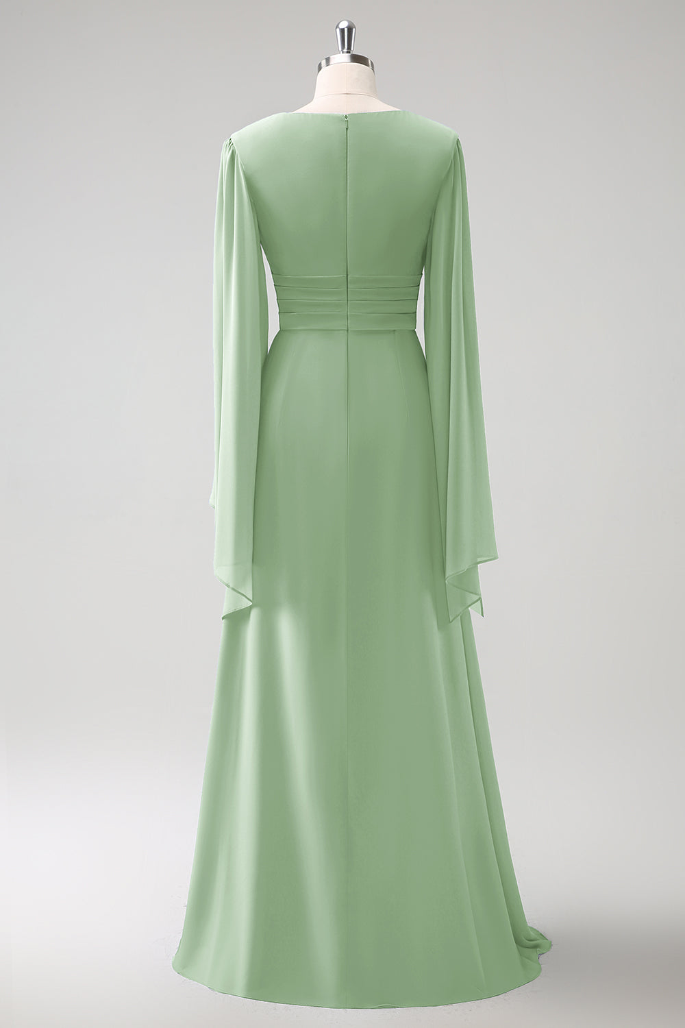Vestido de dama de honor de gasa de gasa de manga larga gris azul A Line con abertura
