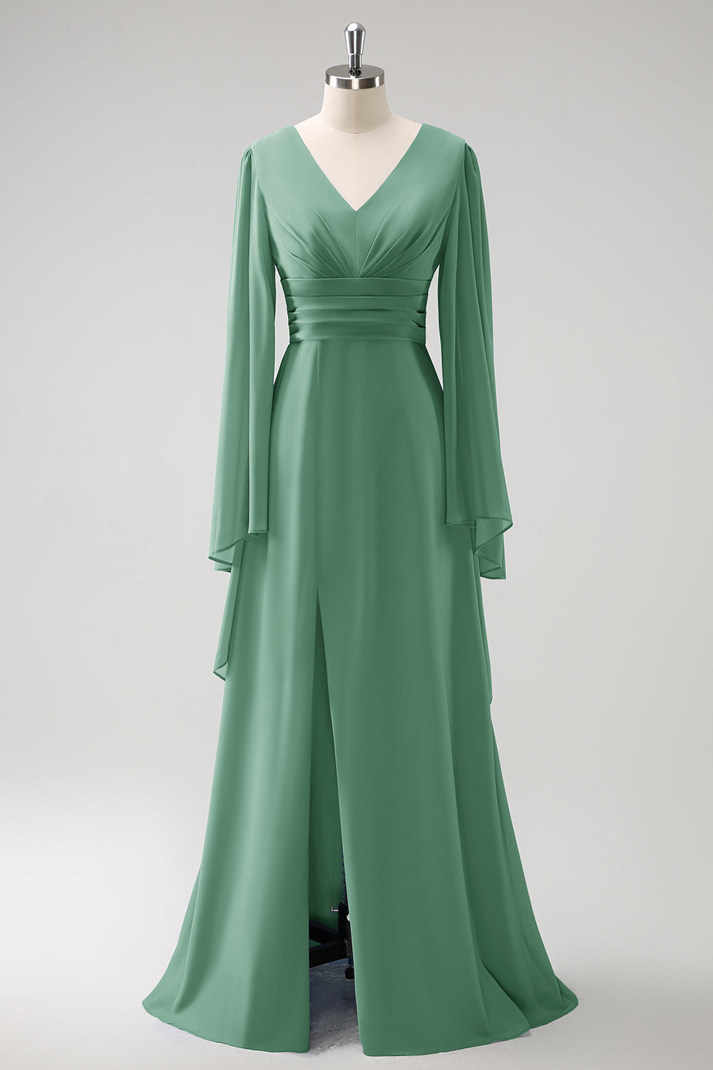Vestido de dama de honor de gasa de gasa de manga larga gris azul A Line con abertura