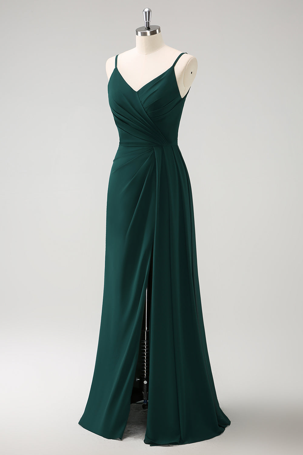 Vestido largo de dama de honor con tirantes de espagueti verde oscuro Ruche con abertura