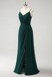 Vestido largo de dama de honor con tirantes de espagueti verde oscuro Ruche con abertura