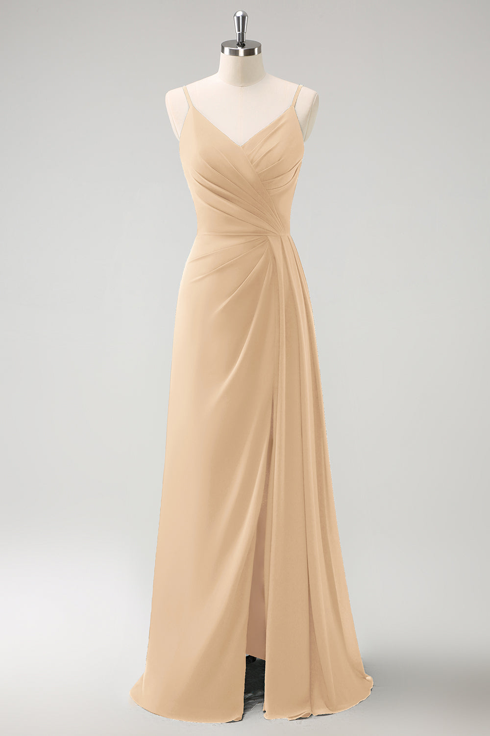 Vestido largo de dama de honor con tirantes de espagueti verde oscuro Ruche con abertura