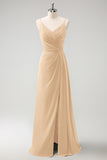 Vestido largo de dama de honor con tirantes de espagueti verde oscuro Ruche con abertura