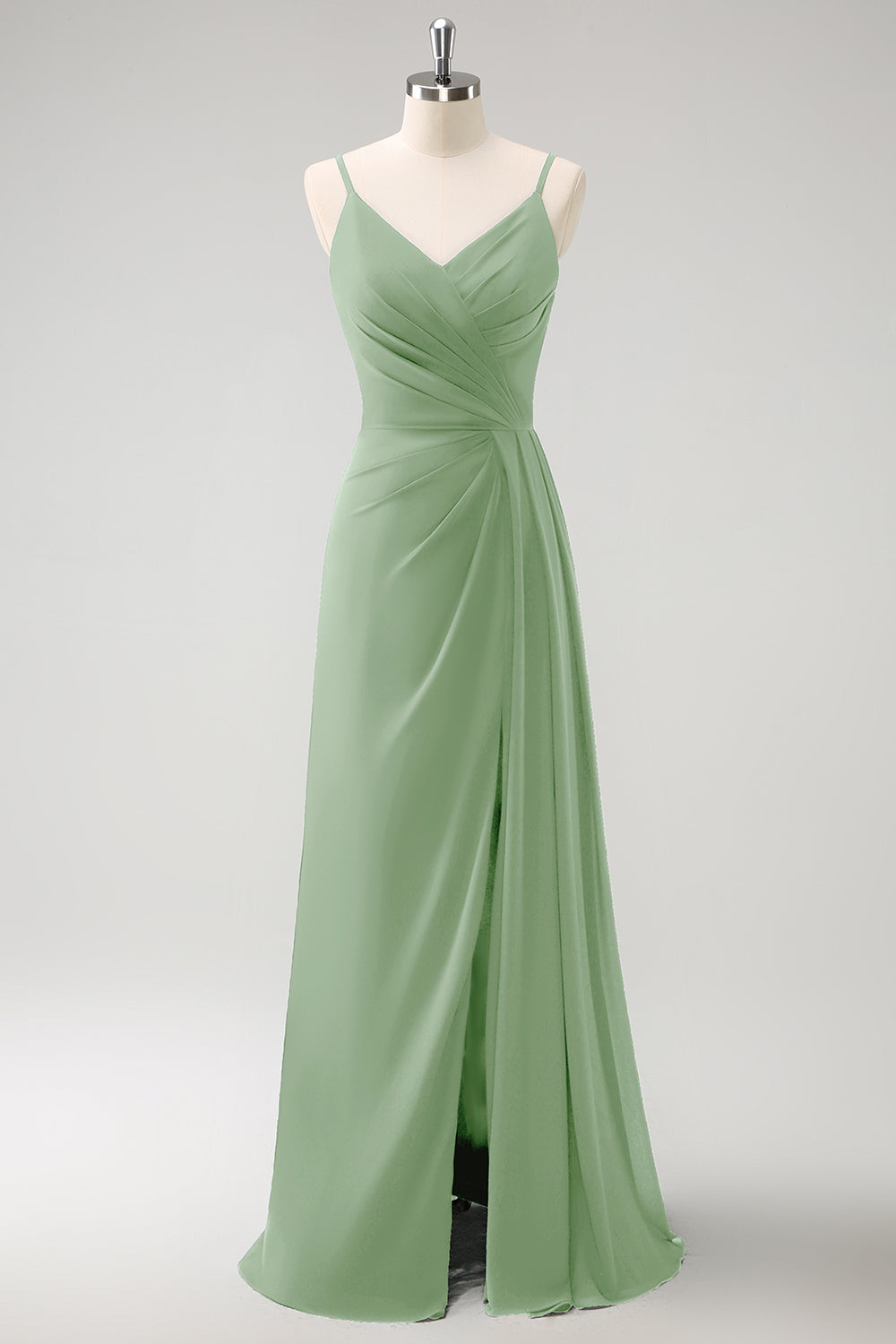 Vestido largo de dama de honor con tirantes de espagueti verde oscuro Ruche con abertura
