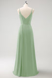 Vestido largo de dama de honor con tirantes de espagueti verde oscuro Ruche con abertura