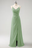 Vestido largo de dama de honor con tirantes de espagueti verde oscuro Ruche con abertura