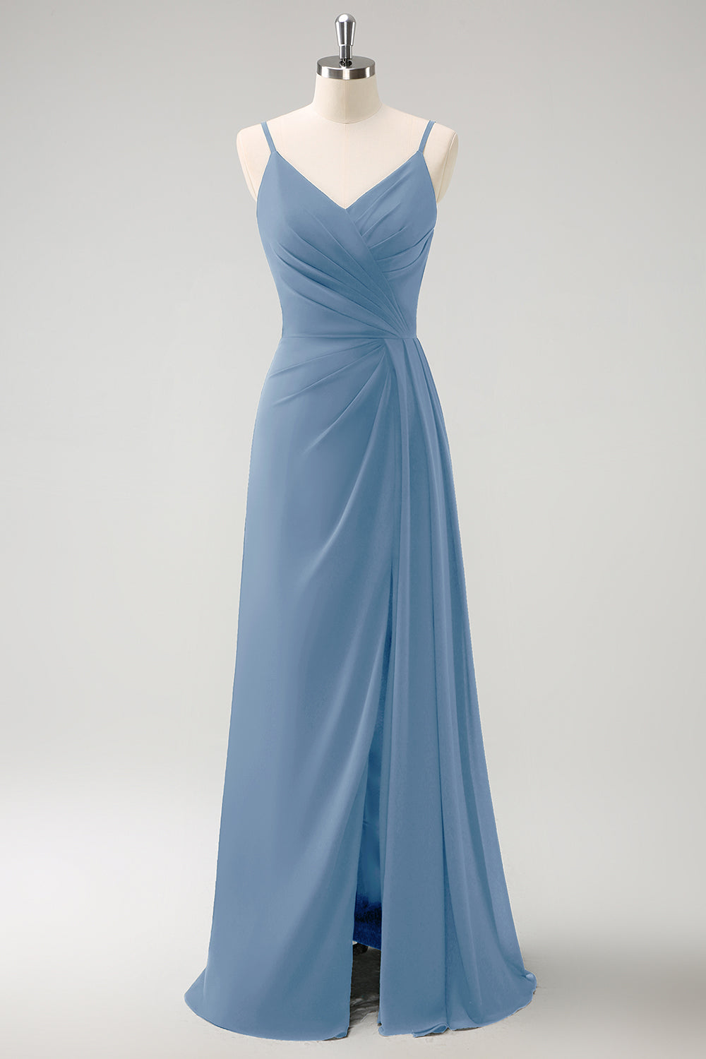 Vestido largo de dama de honor con tirantes de espagueti verde oscuro Ruche con abertura