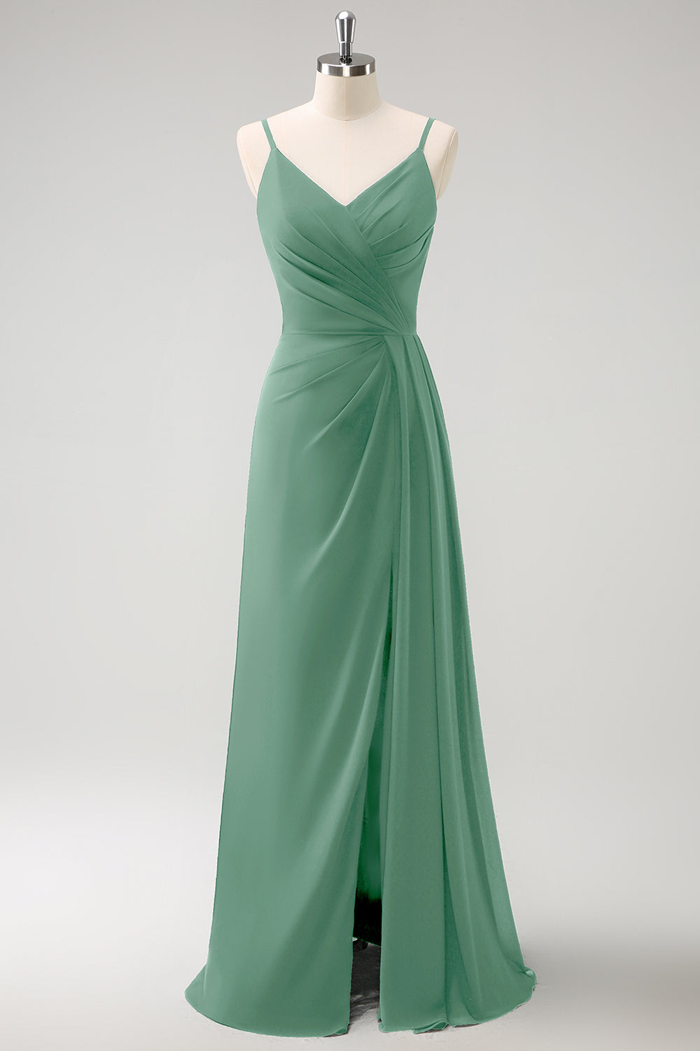 Vestido largo de dama de honor con tirantes de espagueti verde oscuro Ruche con abertura