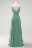 Vestido largo de dama de honor con tirantes de espagueti verde oscuro Ruche con abertura
