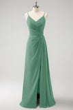 Vestido largo de dama de honor con tirantes de espagueti verde oscuro Ruche con abertura