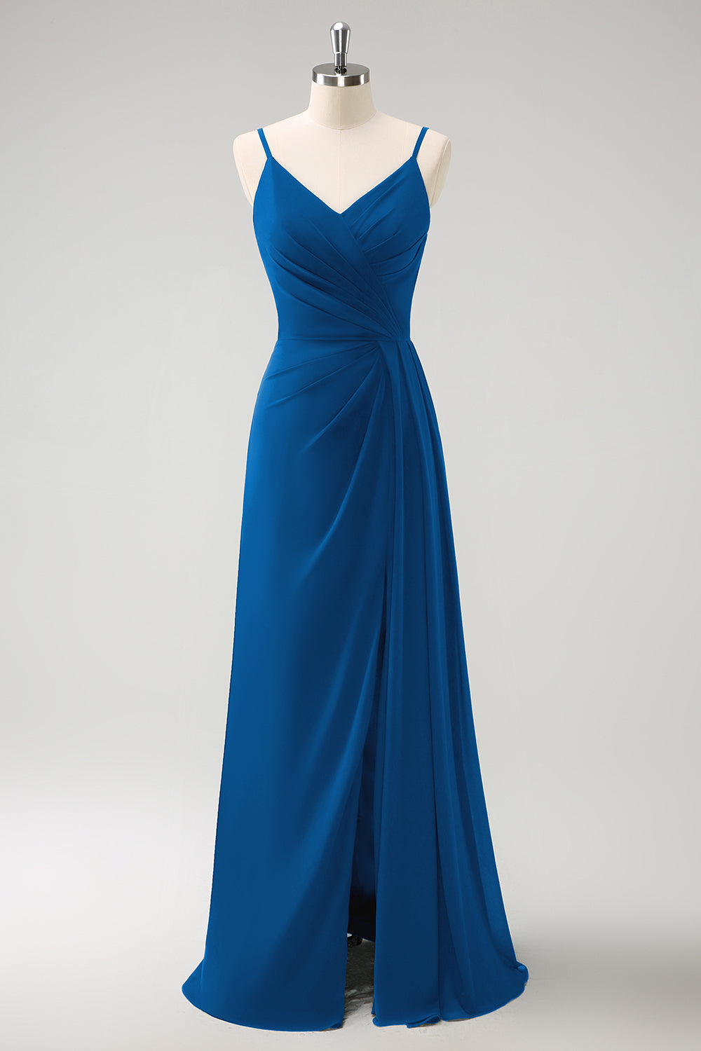 Vestido largo de dama de honor con tirantes de espagueti verde oscuro Ruche con abertura