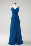 Vestido largo de dama de honor con tirantes de espagueti verde oscuro Ruche con abertura