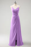 Vestido largo de dama de honor con tirantes de espagueti verde oscuro Ruche con abertura