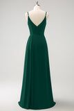 Vestido largo de dama de honor con tirantes de espagueti verde oscuro Ruche con abertura