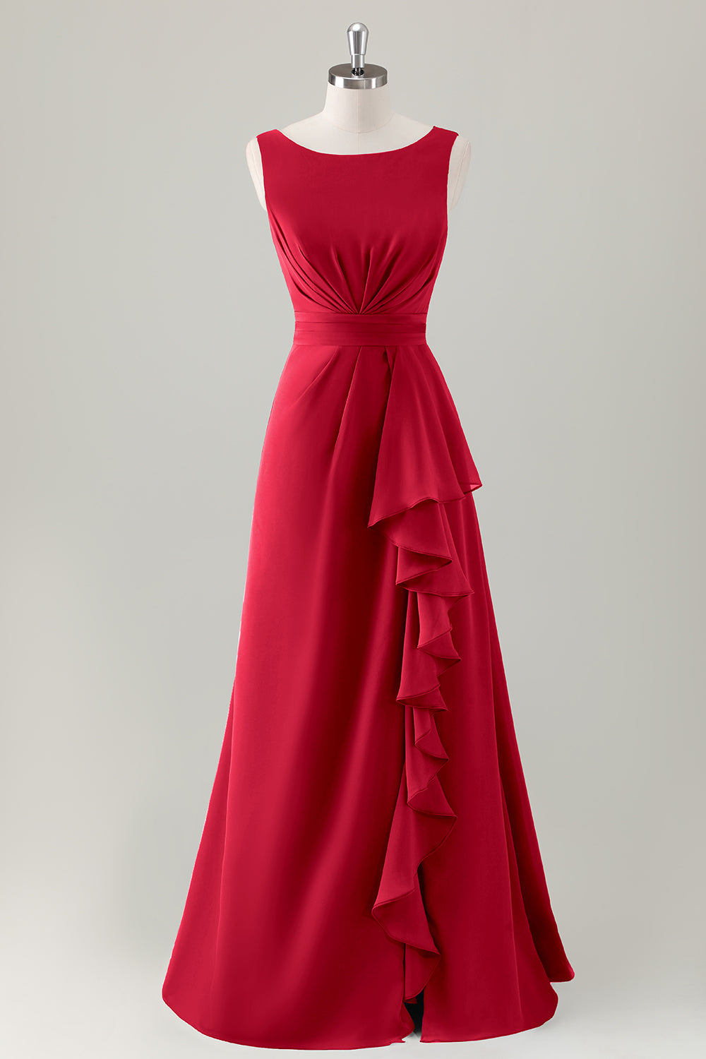 Vestido de dama de honor largo con volantes en línea A azul oscuro con abertura