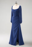 Vaina azul oscuro Cuello cuadrado Gasa de manga larga Vestido largo de dama de honor con abertura