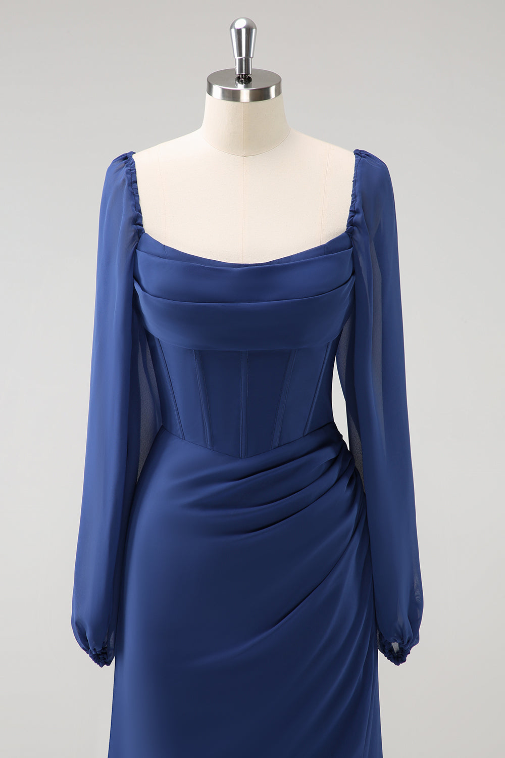 Vaina azul oscuro Cuello cuadrado Gasa de manga larga Vestido largo de dama de honor con abertura