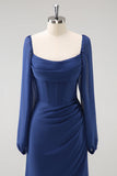 Vaina azul oscuro Cuello cuadrado Gasa de manga larga Vestido largo de dama de honor con abertura