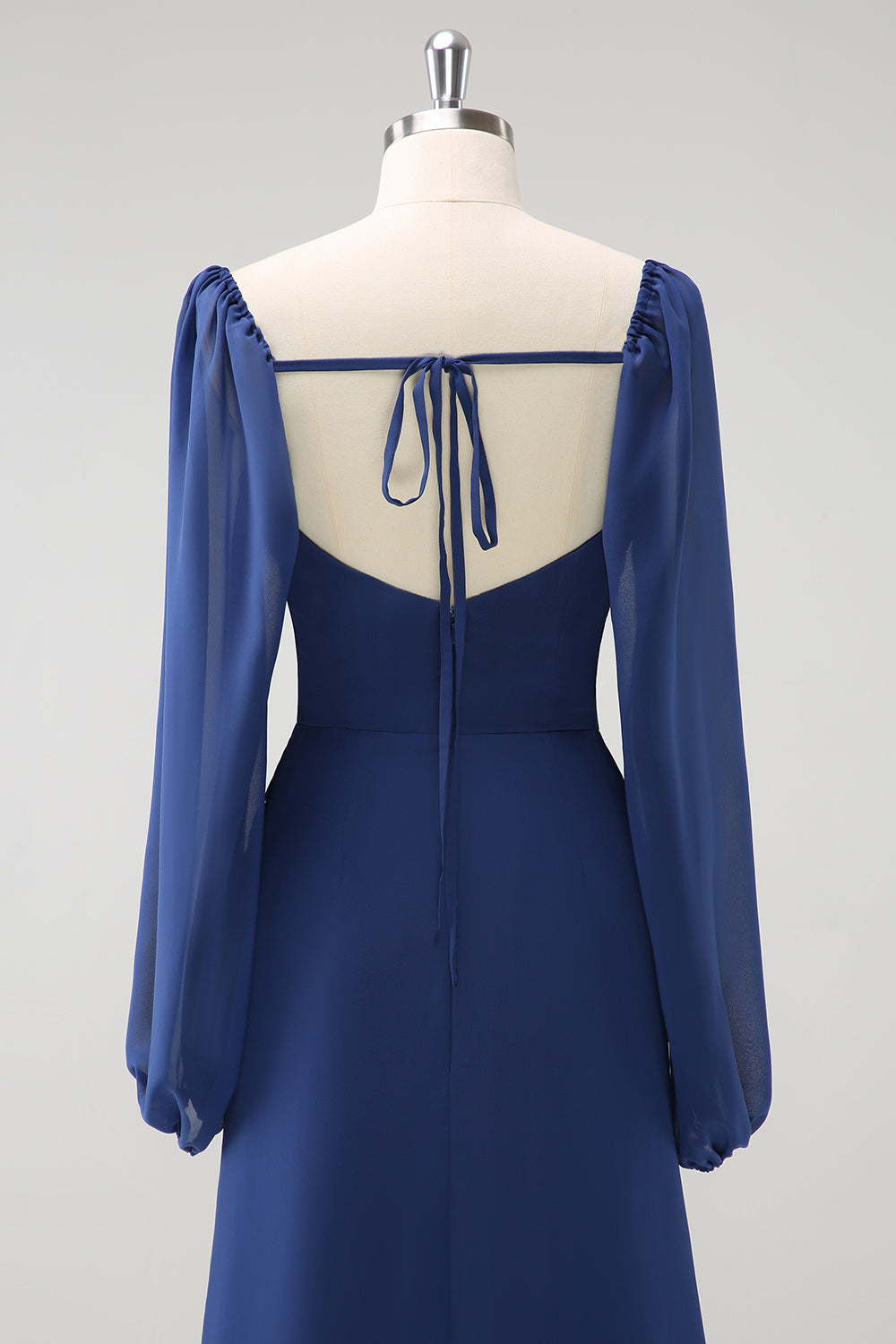 Vaina azul oscuro Cuello cuadrado Gasa de manga larga Vestido largo de dama de honor con abertura