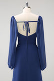 Vaina azul oscuro Cuello cuadrado Gasa de manga larga Vestido largo de dama de honor con abertura