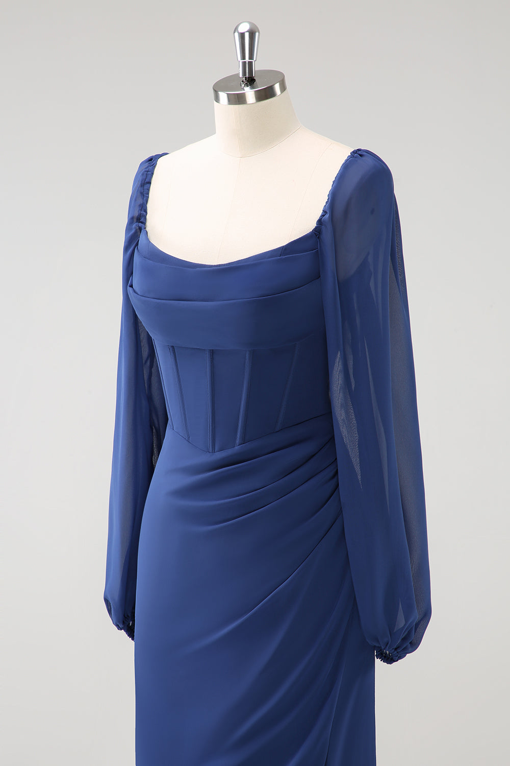 Vaina azul oscuro Cuello cuadrado Gasa de manga larga Vestido largo de dama de honor con abertura