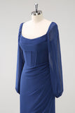 Vaina azul oscuro Cuello cuadrado Gasa de manga larga Vestido largo de dama de honor con abertura