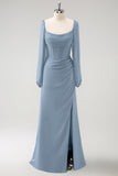 Vaina azul oscuro Cuello cuadrado Gasa de manga larga Vestido largo de dama de honor con abertura