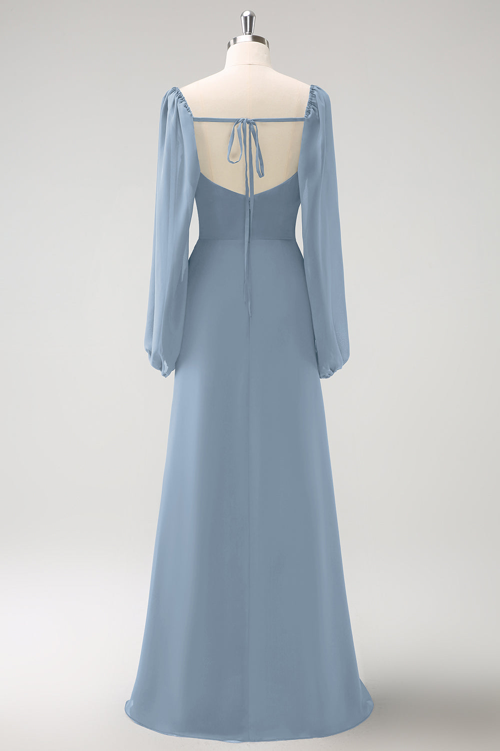 Vaina azul oscuro Cuello cuadrado Gasa de manga larga Vestido largo de dama de honor con abertura