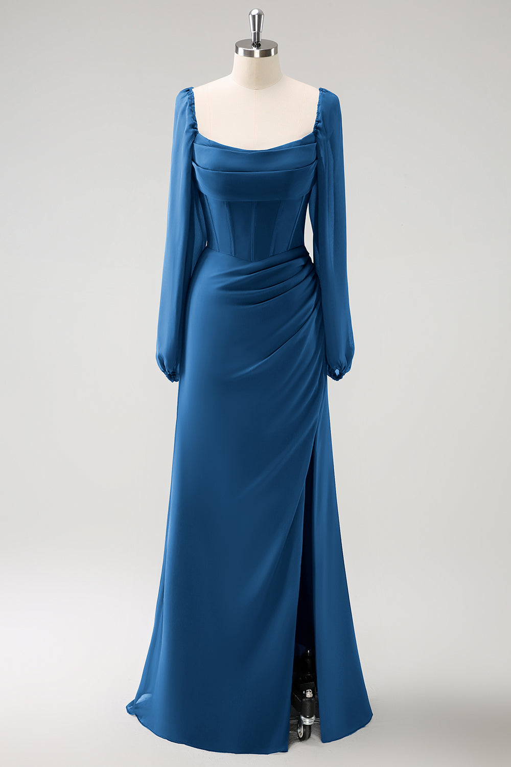 Vaina azul oscuro Cuello cuadrado Gasa de manga larga Vestido largo de dama de honor con abertura