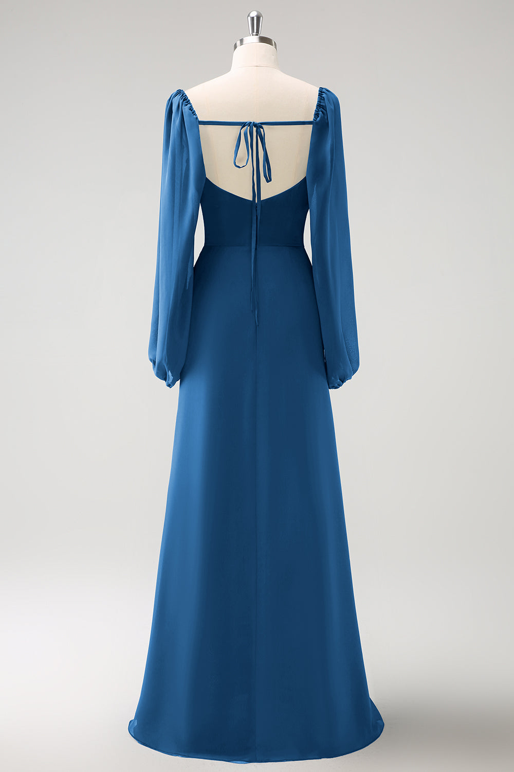 Vaina azul oscuro Cuello cuadrado Gasa de manga larga Vestido largo de dama de honor con abertura