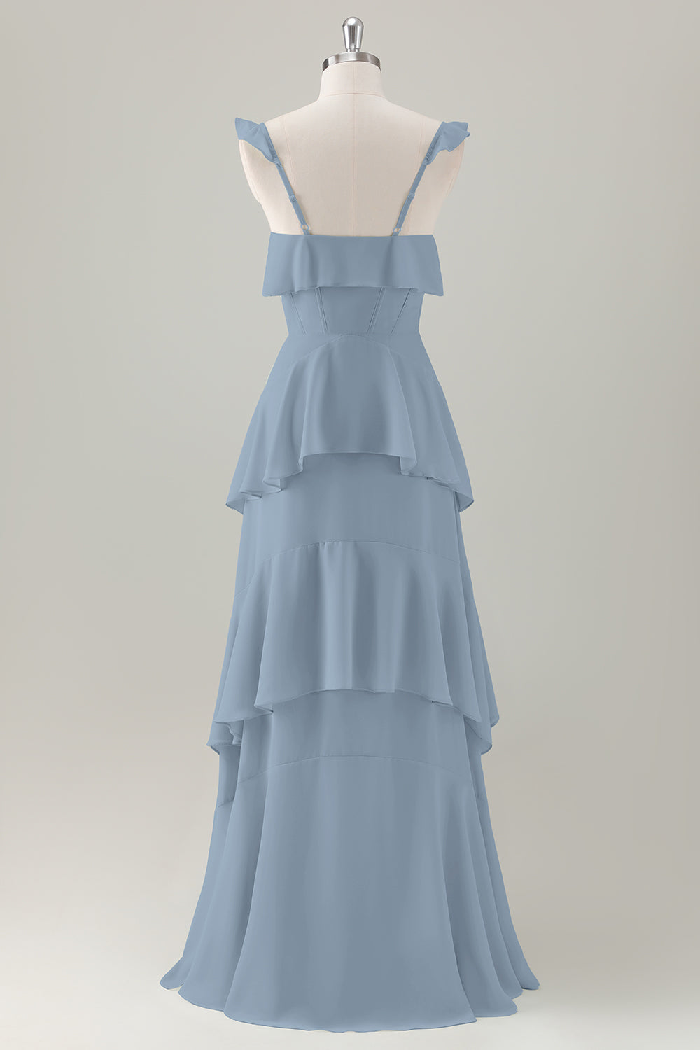 Vestido largo de dama de honor con corsé de gasa escalonado con volantes en línea verde claro