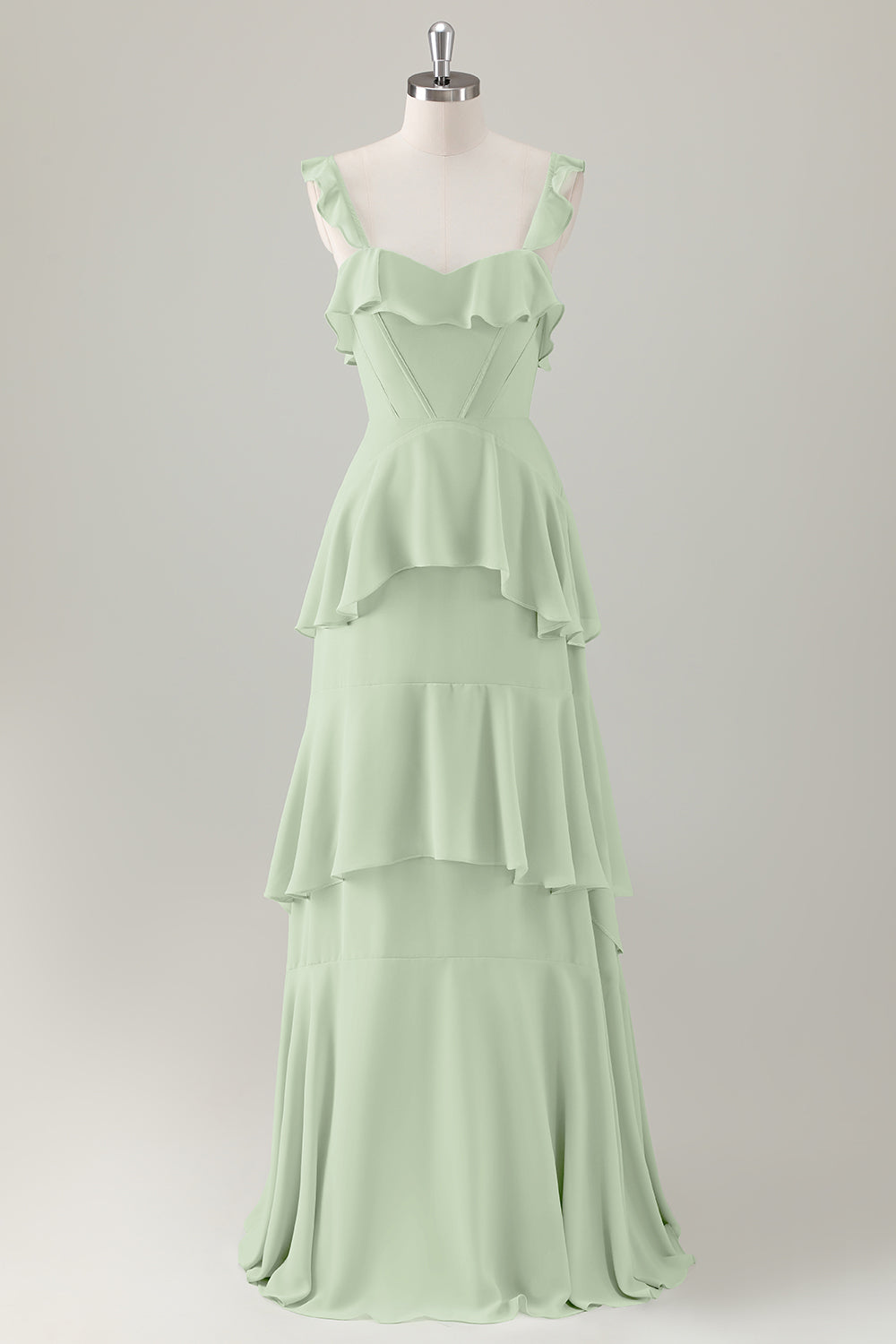 Vestido largo de dama de honor con corsé de gasa escalonado con volantes en línea verde claro