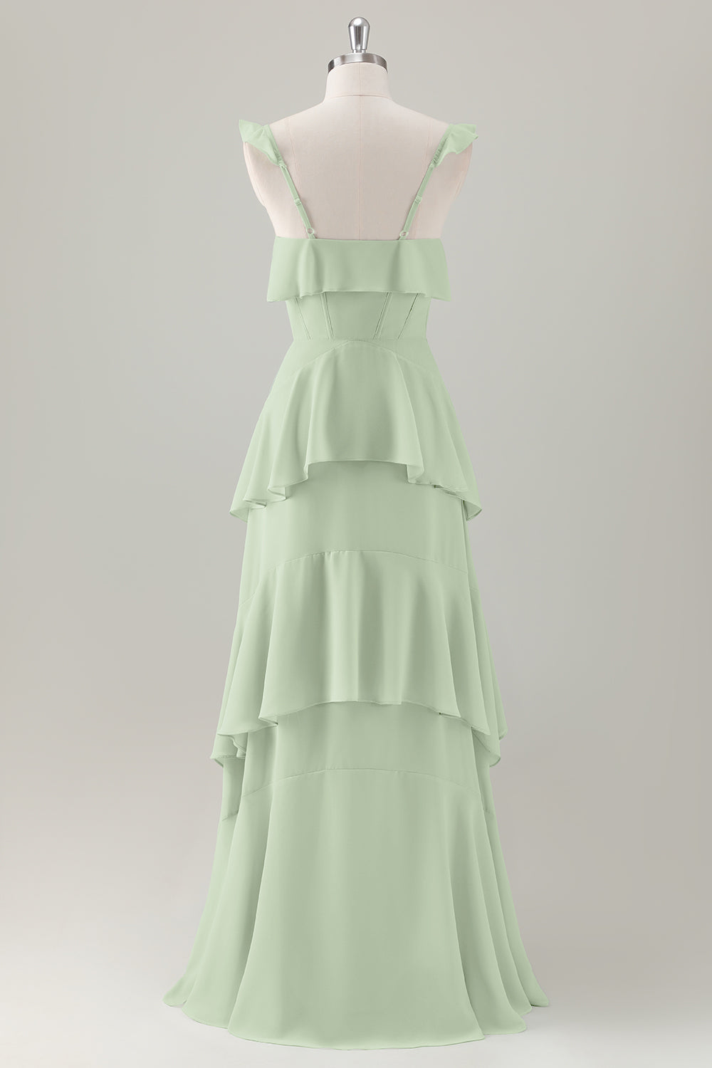 Vestido largo de dama de honor con corsé de gasa escalonado con volantes en línea verde claro