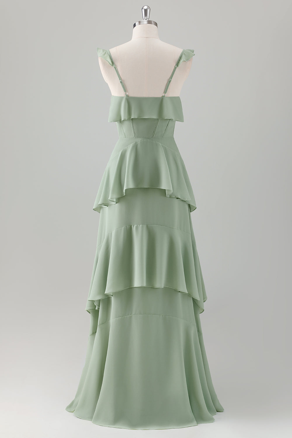 Vestido largo de dama de honor con corsé de gasa escalonado con volantes en línea verde claro