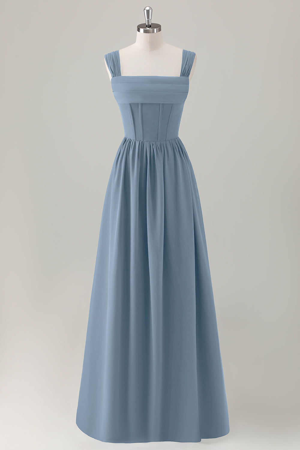 Vestido largo de dama de honor con corsé de cuello cuadrado azul oscuro con cordones en la espalda
