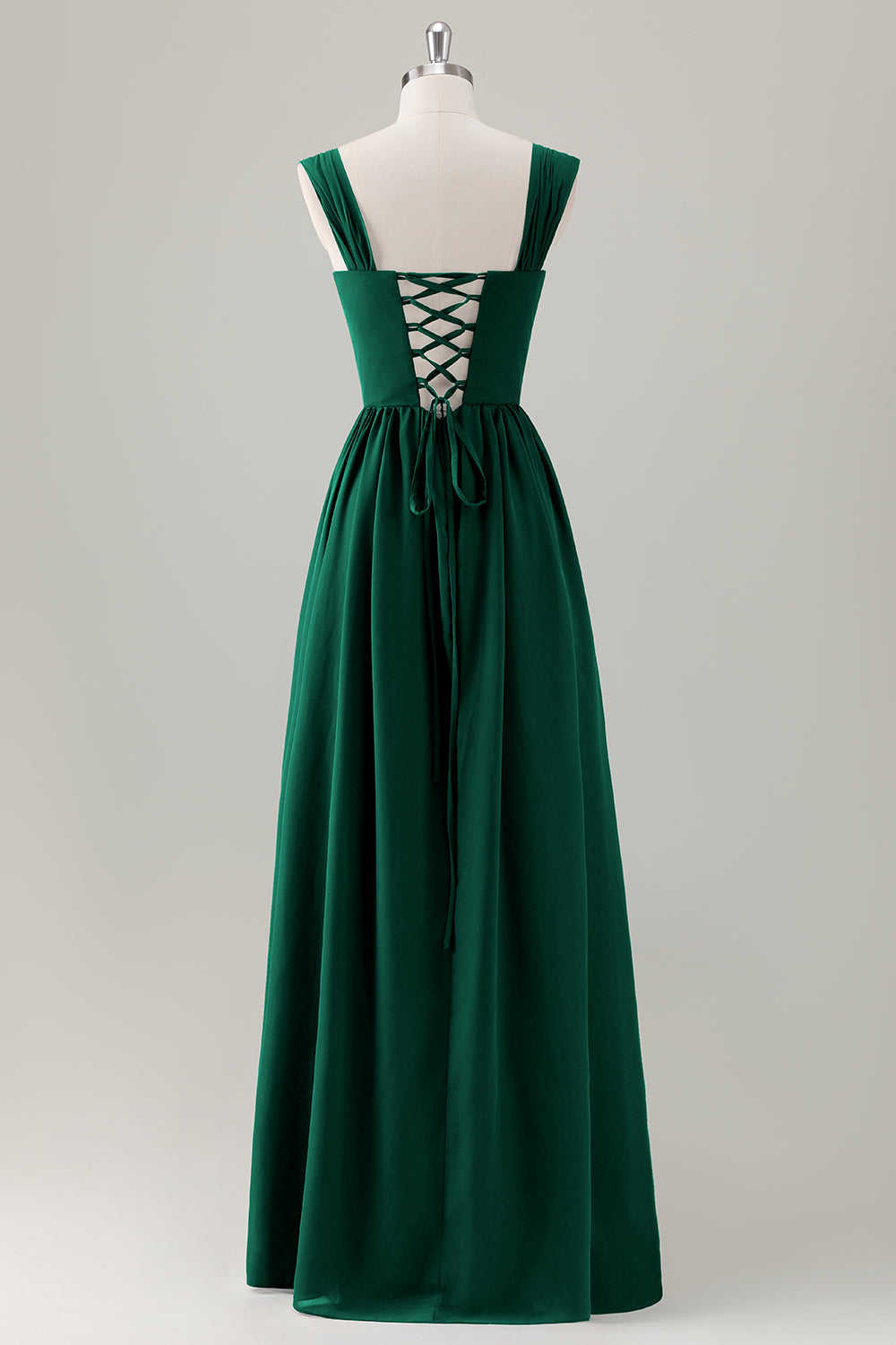 Vestido largo de dama de honor con corsé de cuello cuadrado azul oscuro con cordones en la espalda