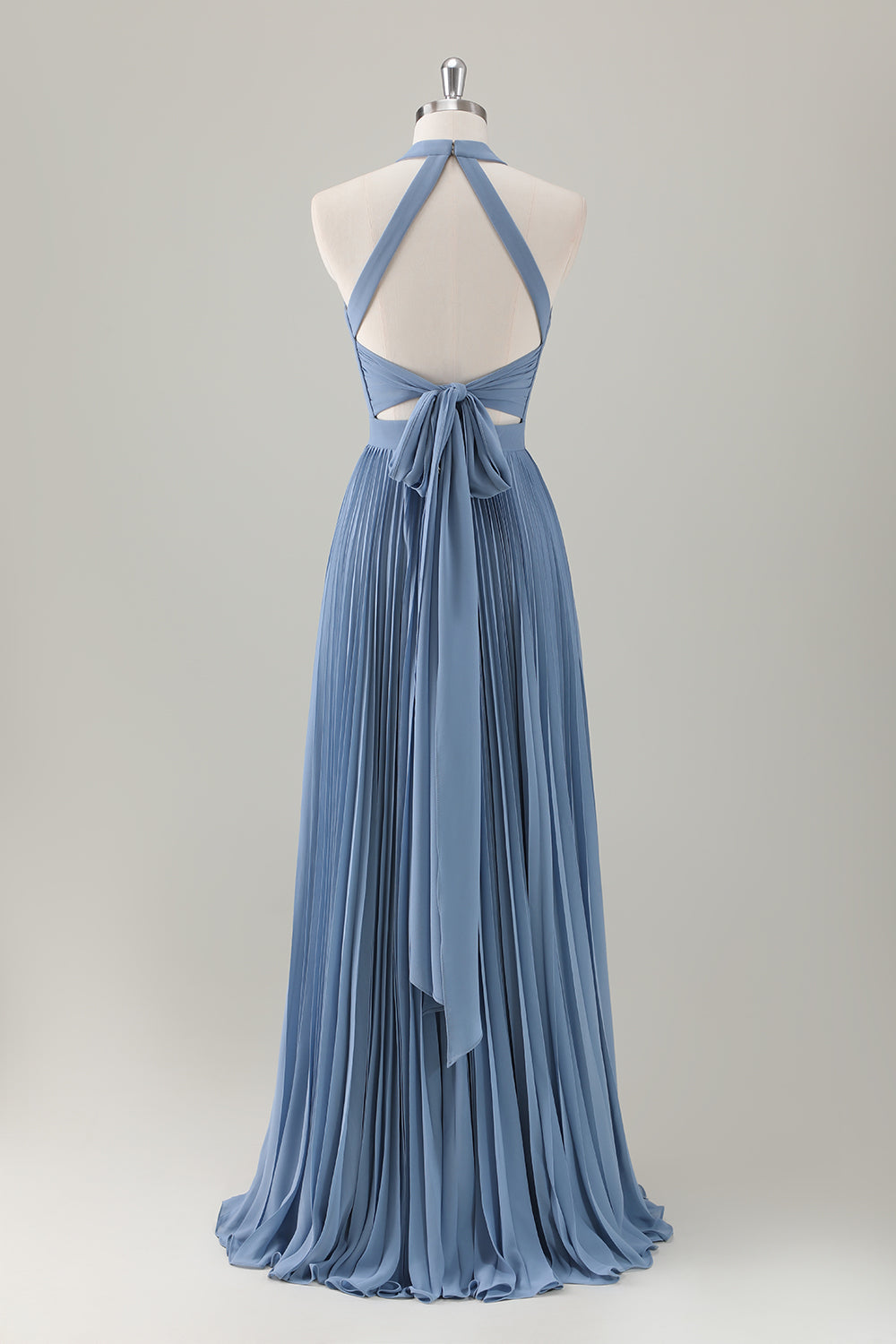 Vestido de dama de honor largo halter azul grisáceo con abertura
