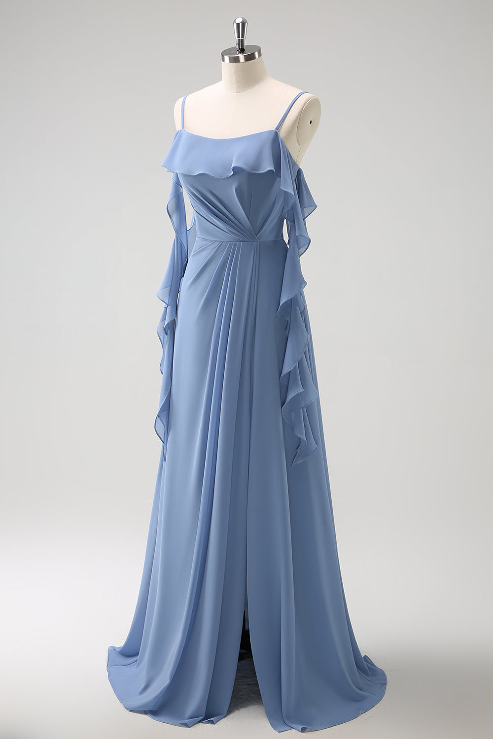 Gris Azul Un Vestido de Dama de Honor Largo de Gasa con Tirantes de Espagueti Azul A con Abertura
