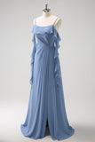 Gris Azul Un Vestido de Dama de Honor Largo de Gasa con Tirantes de Espagueti Azul A con Abertura