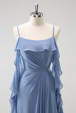 Gris Azul Un Vestido de Dama de Honor Largo de Gasa con Tirantes de Espagueti Azul A con Abertura