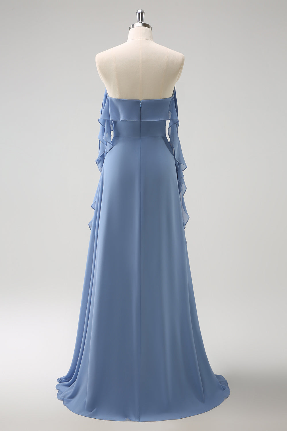 Gris Azul Un Vestido de Dama de Honor Largo de Gasa con Tirantes de Espagueti Azul A con Abertura
