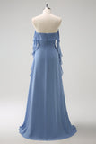 Gris Azul Un Vestido de Dama de Honor Largo de Gasa con Tirantes de Espagueti Azul A con Abertura