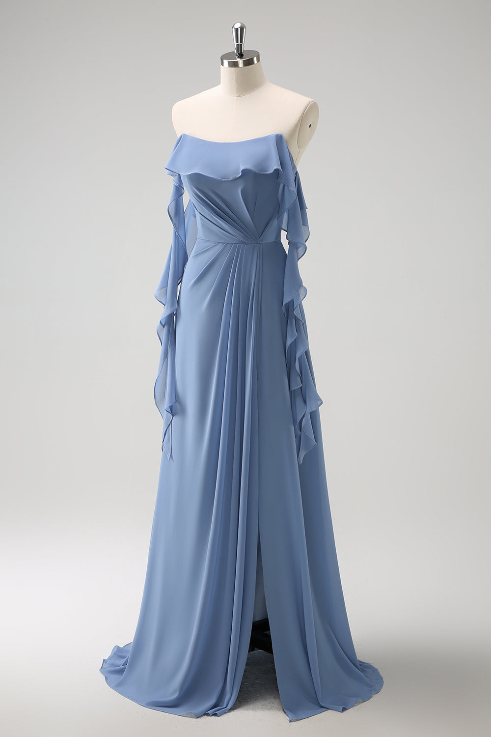 Gris Azul Un Vestido de Dama de Honor Largo de Gasa con Tirantes de Espagueti Azul A con Abertura