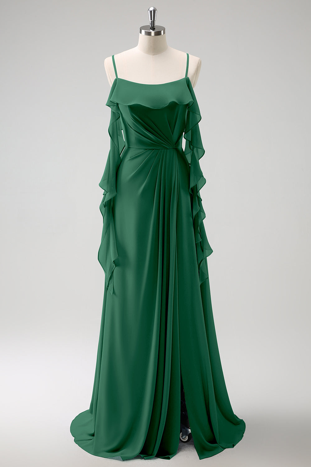 Gris Azul Un Vestido de Dama de Honor Largo de Gasa con Tirantes de Espagueti Azul A con Abertura