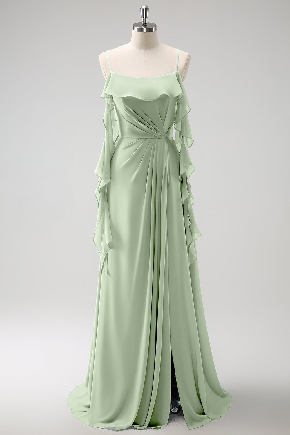 Gris Azul Un Vestido de Dama de Honor Largo de Gasa con Tirantes de Espagueti Azul A con Abertura
