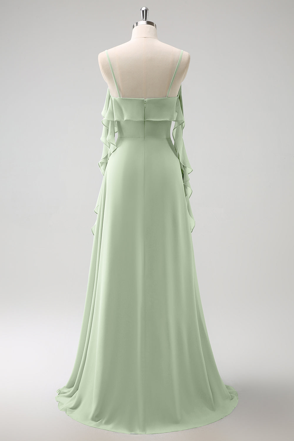 Gris Azul Un Vestido de Dama de Honor Largo de Gasa con Tirantes de Espagueti Azul A con Abertura