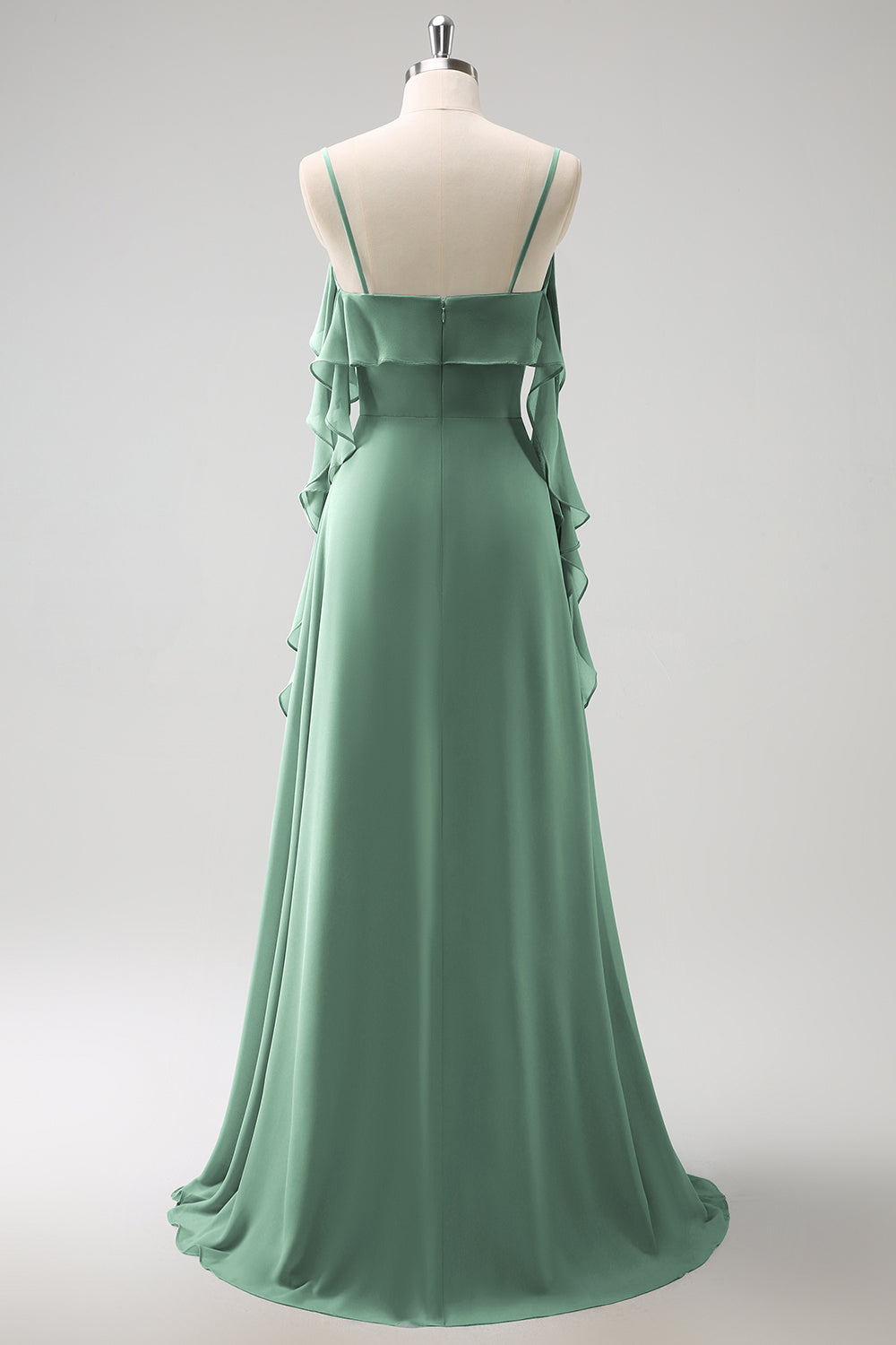 Gris Azul Un Vestido de Dama de Honor Largo de Gasa con Tirantes de Espagueti Azul A con Abertura