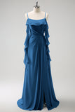 Gris Azul Un Vestido de Dama de Honor Largo de Gasa con Tirantes de Espagueti Azul A con Abertura